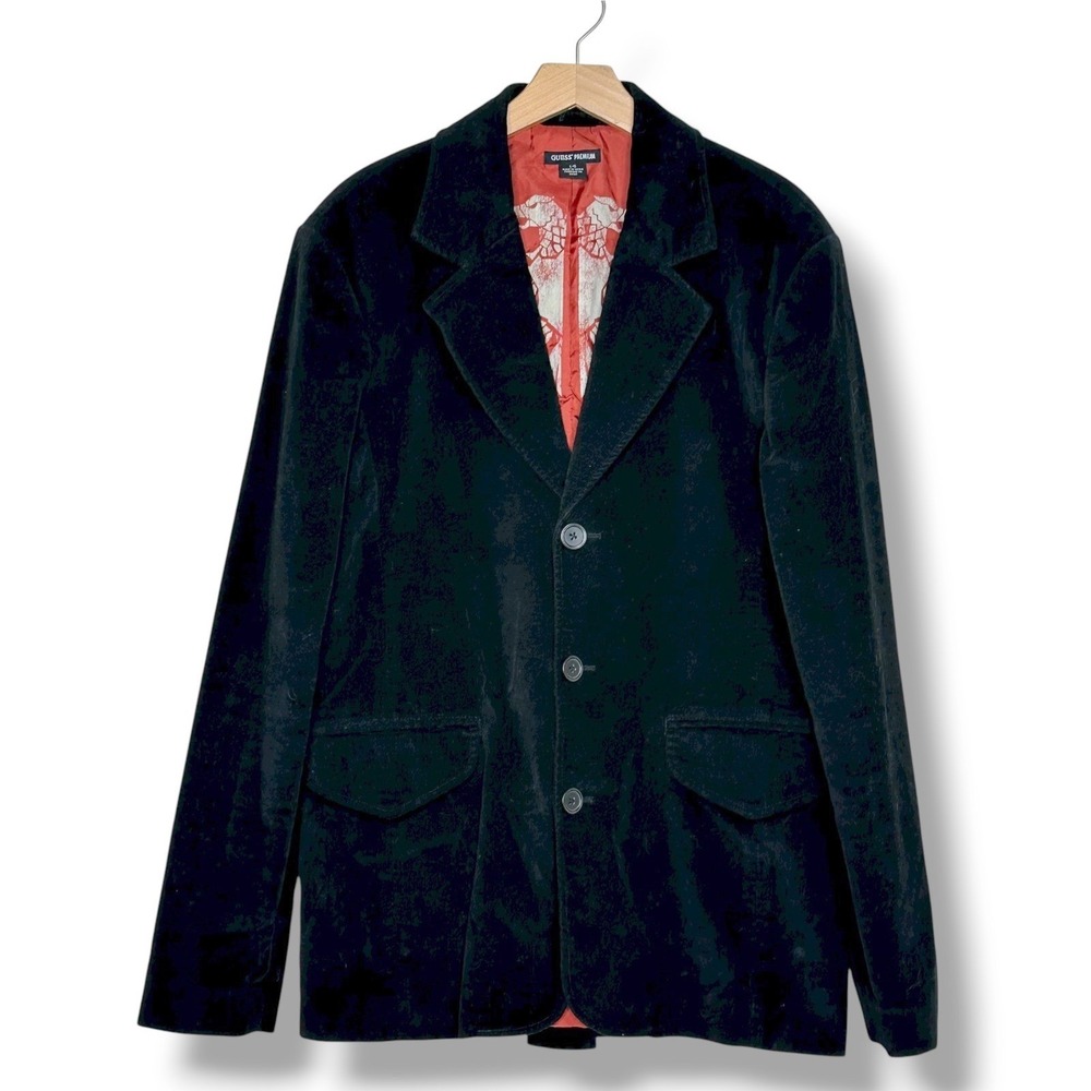 Guess Premium Mens L Black‎ Corduroy Blazer Jacket with Red Eagle Lining Gothic